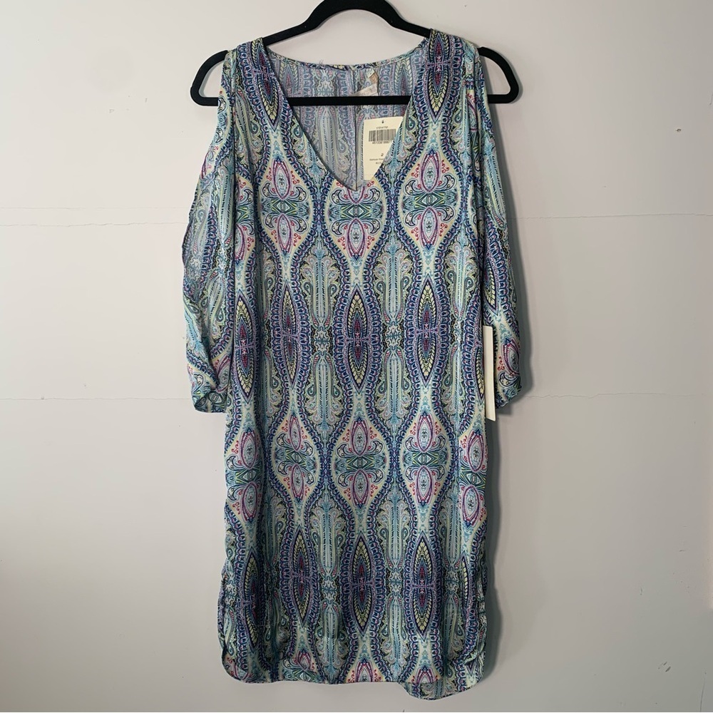 NWT Boston Proper Silk Shift Dress Multicolor Print Split Sleeves Pockets size 2